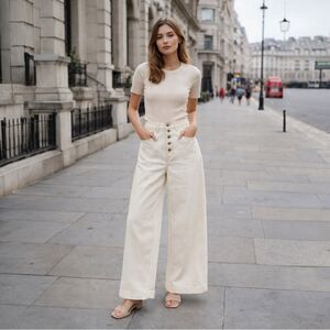 ZARA Women Cream Wide Leg Button Fly Denim Jeans 26x32 Minimalist Neutral Chic